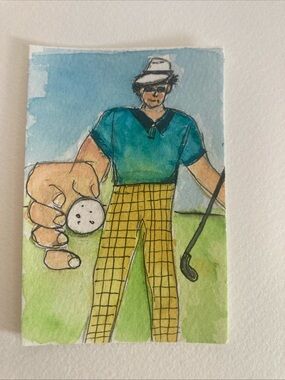 Original Golf Player Watercolor Art – Turquoise Top, Yellow Plaid Pants